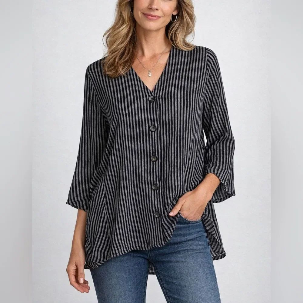 Stijfselkissie Striped 100% Linen Button Front Blouse Flowy Boho Top S Vintage